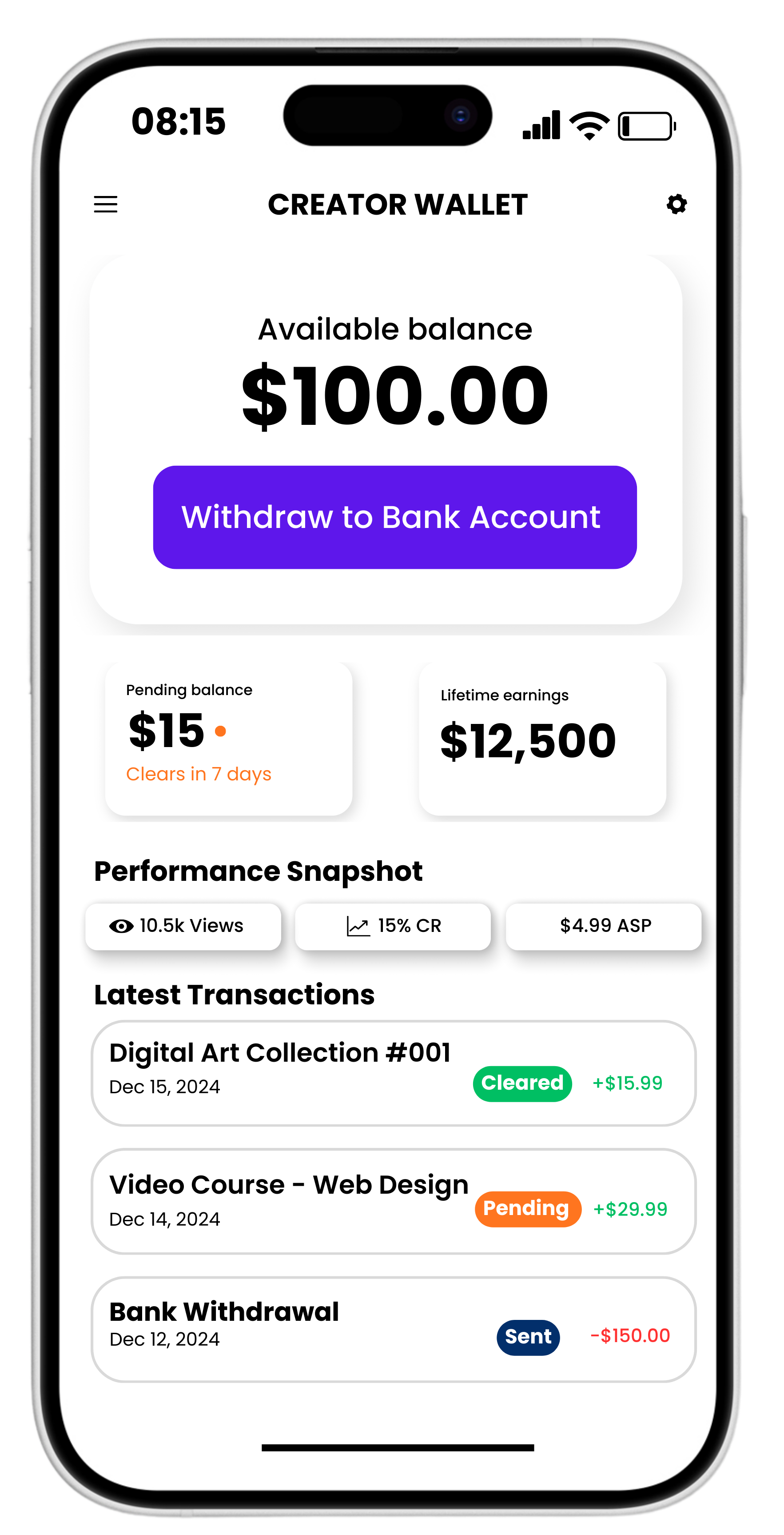 Smartphone wallet interface showing balance and earnings
